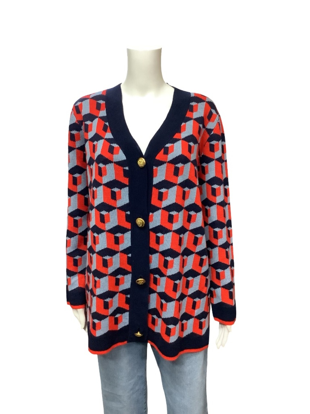 Tuckernuck Geometric Print V-Neck Wool Sweater Size: S